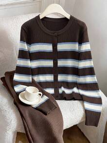Muvela Women's Striped Long Sleeve Single-Breasted Casual Knit Cardigan - Brown - View 3