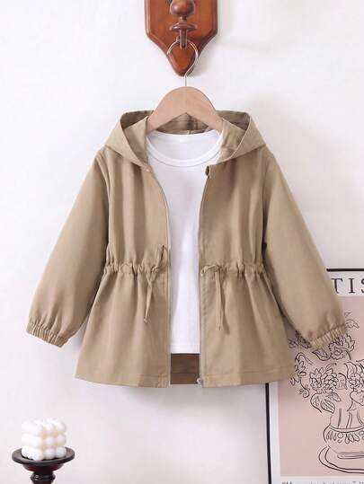 SHEIN 1 buah Jaket Kasual Berkerudung Minimalis Warna Polos untuk Anak Perempuan, Cocok untuk Musim Gugur dan Musim Dingin, Ideal untuk Sekolah, Aktivitas Luar Ruangan, Pertemuan Keluarga, Memberikan Kehangatan dan Kenyamanan