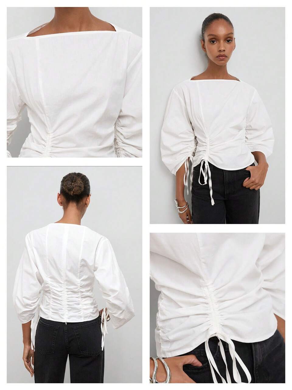 SHEIN Maija White Boat Neck Women's Top Cocoon Long Sleeve Drawstring Design Urban Casual Summer Party Office Brunch Going Out