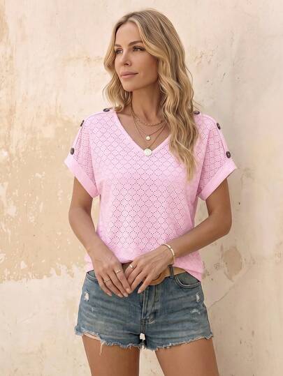 EMERY ROSE Women's Summer Solid Color V-Neck Batwing Sleeve Casual T-Shirt