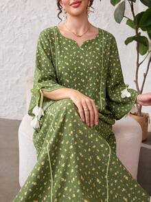Yasmyna Frisches Ditsy-Blumen-Band-Patchwork, locker, schlankmachend, 3D-Blumen, sanft, jugendlich, elegant, lässig, Damen-Blumenkleid, Morgenausgang, Grün, Winter - Verschiedenfarbig - Übersicht 3