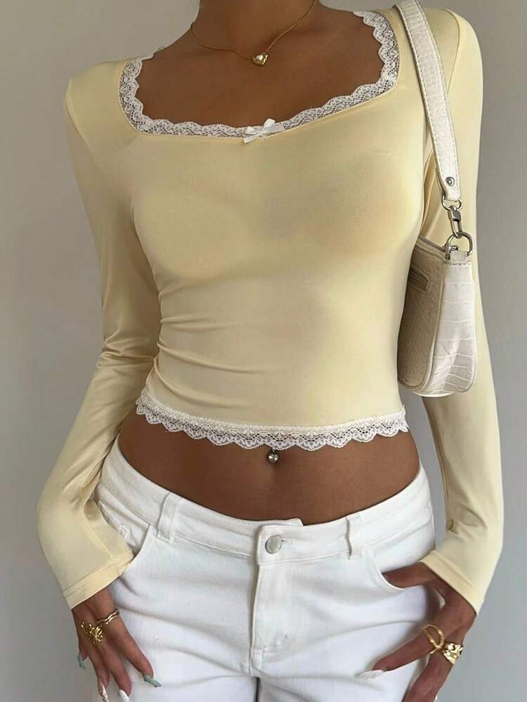 Tseoso Pale Yellow Women's Fitted Lace Bow Comfortable Long Sleeve T-Shirt, Suitable For Early Autumn, Versatile Style, Base Layer - Apricot - View 4