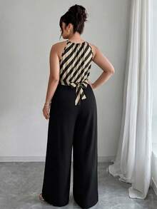 Weeklong Plus Size Women Spring/Summer Positioned Print Solid Color Matching Top And Bottom Elegant Jumpsuit - Multicolor - View 2