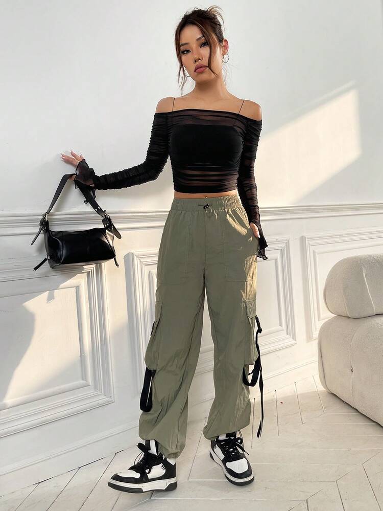 SHEIN ICON Atasan Wanita Kontras Mesh Ruched Sheer Plain Seksi - Hitam - View 7