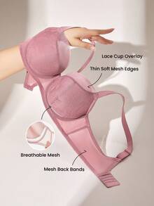 LUVLETTE Underwire Lightly Lined Rose Color Mesh Lace Push-Up Support Sheer Minimizer Lingerie Bra - Rusty Rose - View 2