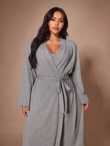 Lazeform Long Ins-Style Short Sleeve Long Pants Tie-Up Robe Loungewear Pajamas Casual Home Bathrobe Plus Size - Grey - View 3