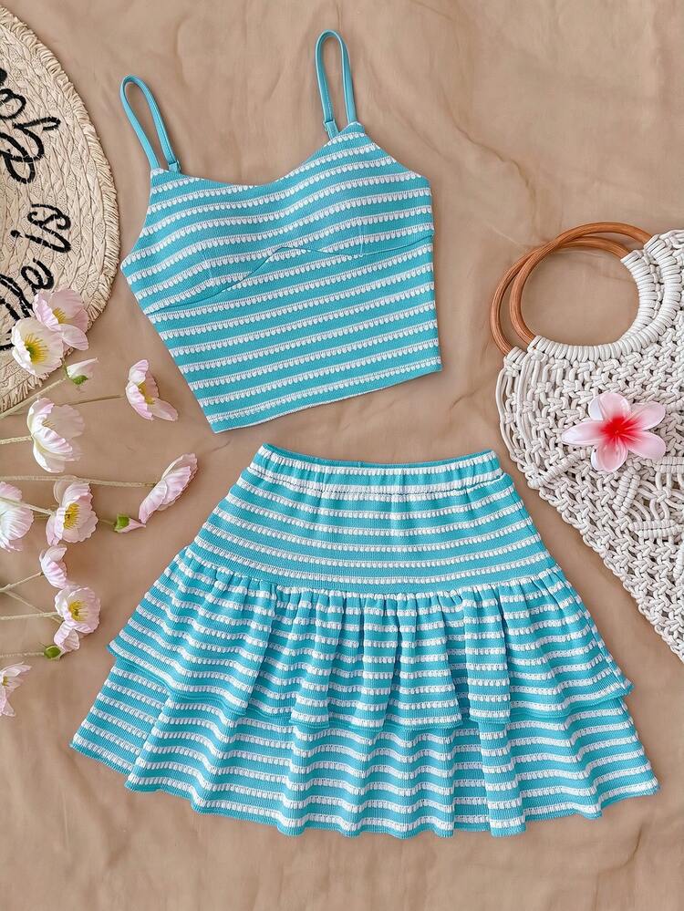 SHEIN Tween Girl Spring Summer Pink Knit Striped Textured Jacquard Camisole Top With Ruffle Hem A-Line Tiered Skort 2 Pieces Set, Casual Vintage Streetwear Vacation Outfit - Baby Blue - View 1