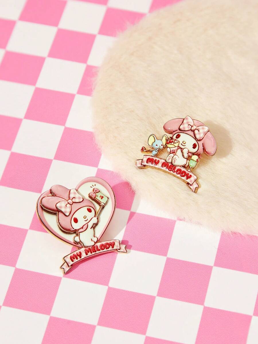 HELLO KITTY AND FRIENDS | SHEIN زوج من دبابيس الزينة الجديدة بتصميم كرتوني مبتكر مطبوع بنمط حيوانات، تصميم مشترك مع IP، لطيفة وشخصية، بسيطة وأنيقة - وردي - مشاهدة 1