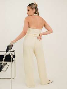Ximena Robles Ximena Robles Women's Casual Knit Halter Neck Top And Pants Set, Light Yellow, Summer Elegant - Light Yellow - View 2