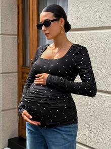 MaterniWear Maternity Fashion Versatile Polka Dot Print Ruched Long Sleeve T-Shirt Fall Social Blouse - Black - View 6