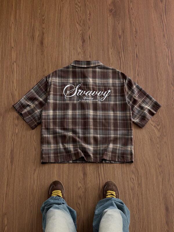 SWAVVY Men's Fashion Embroidered Plaid Single-Breasted Short Sleeve Shirt