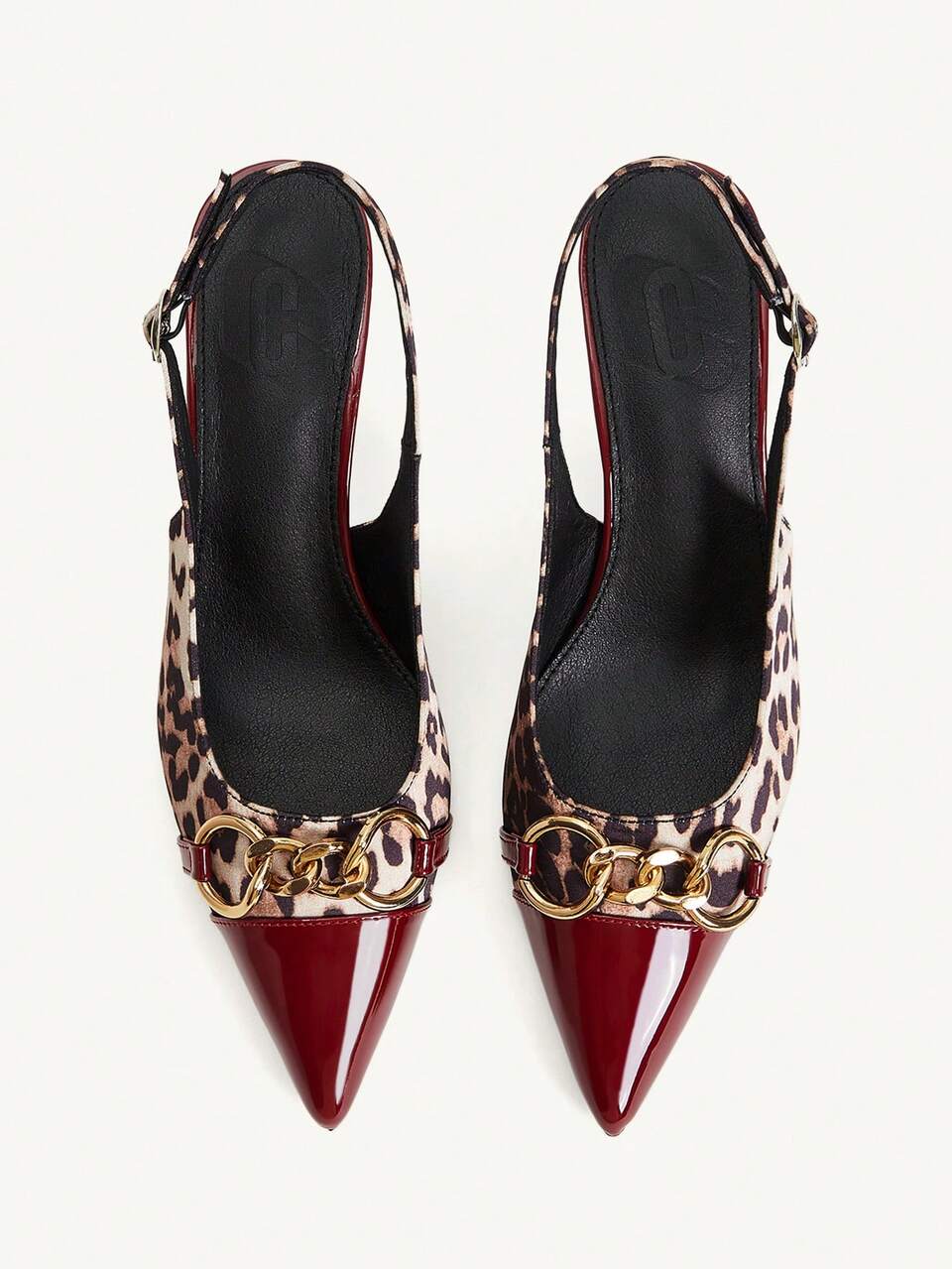 CUCCOO CHICEST Women's Shoes Splicing Metal Chain Design Pointed Back Strap High Heels Leopard Print Wine Red Patent Leather Character Fashion Dating Party Wedding Fall Shoes