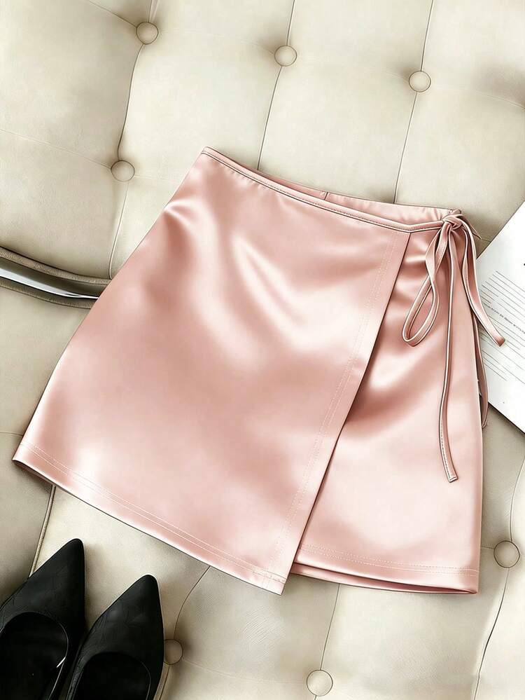 Franclia Women's Elegant Romantic Casual Satin Front Skirt, Versatile For Commuting, Autumn, Beach Going Out Holiday Dusty Pink - Pink - View 3