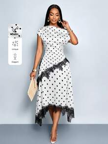 SOLERSUN 女款夏季休閒優雅不對稱領緞面波點襯衫，黑色蕾絲飾邊拼接不對稱下擺抓皺上衣，極簡日常通勤度假款，適合派對、秋季通勤、假期度假、婚禮、返校日、畢業典禮，單肩上衣，Y2K風格優雅上衣，適合派對、日常通勤、外出、商務專業（隨機花卉） - 黑與白 - 查看 9