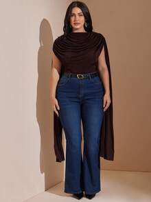 SHEIN BAE CURVE 大尺碼女款棕色抓皺綁帶連身衣，優雅連身衣 - 棕色 - 查看 6