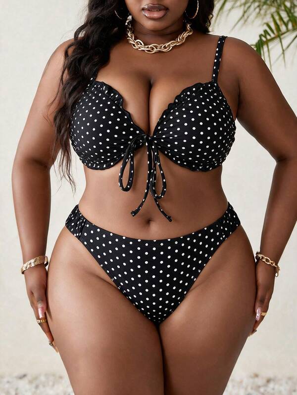 Slaydiva 2026 New Women's Plus Size Summer Fashion Bikini Set Set, Front Tie, Back Hollow Out, Cute Sexy Plaid Print, Beach Casual Vacation Bikini 2-Piece Set