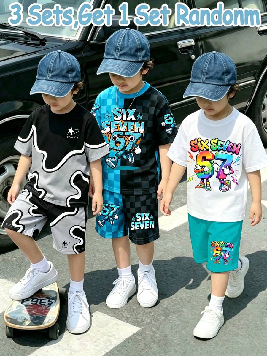 SHEIN Randomly Ships 1 Of 3 Colorblock Letter Block Print Short Sleeve Set, Casual Fashion Style - Multicolor - View 1