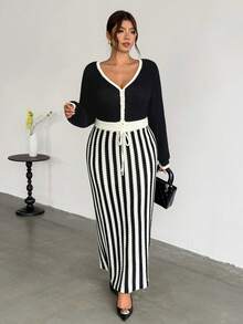 Firerie Plus Size Colorblock Striped Patchwork Knit Dress - Multicolor - View 3