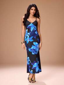 Glamance Black & Blue Floral Print Spaghetti Strap High Elasticity Bodycon Dress, Elegant Mature Style For Party, Wedding Guest, Bridesmaid, Vacation - Black - View 4