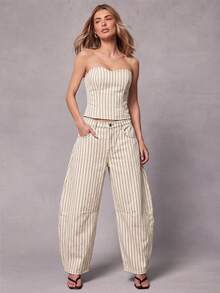 Hauture Women's Casual Striped Button Pocket Jeans For Daily Wear - Apricot - View 1