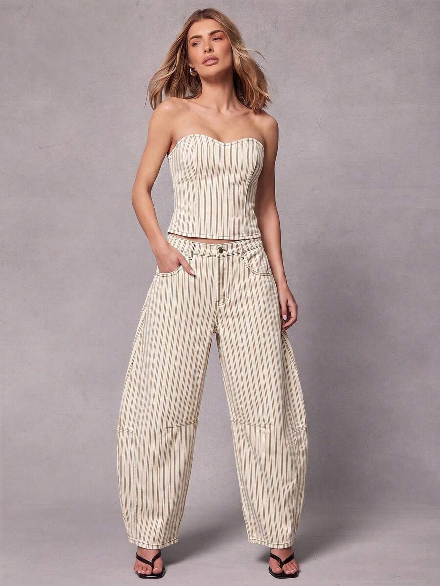 Hauture Women's Casual Striped Button Pocket Jeans For Daily Wear - Apricot - View 1
