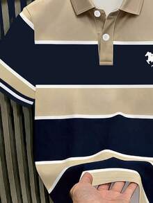 Resyla Men's Plus Size Summer Casual Business Polo Shirt, Contrast Striped Horse Print Pattern, Comfortable Fabric, Versatile Everyday Wear - Multicolor - View 5