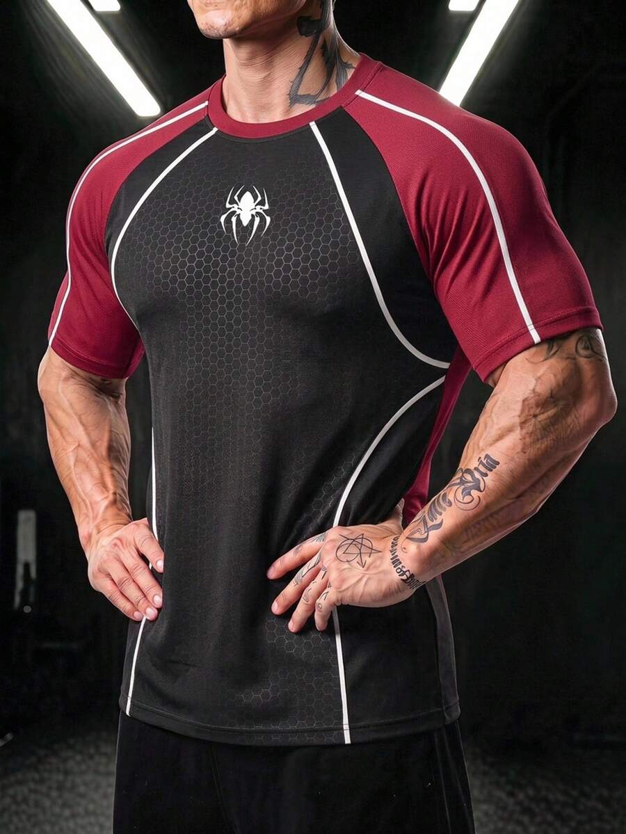 GymBeat Men's Spider Stripe Pattern Print Contrast Color Crew Neck Sports T-Shirt - Multicolor - View 1