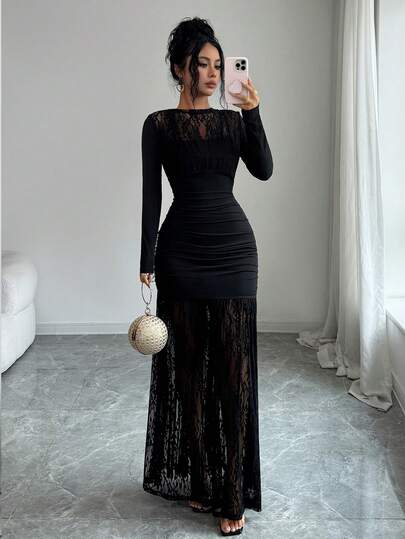 Elenzga Women's Elegant Exquisite Long Sleeve Black Lace Patchwork Knit Stretch Bodycon Fitted Waist Slimming Hollow Out Fishtail Dress For Autumn/Winter Party And Banquet