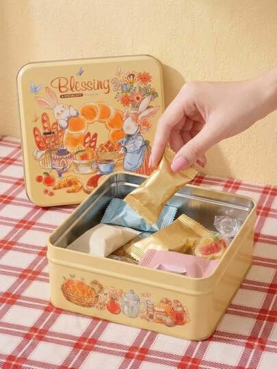 Joivida Square Tinplate Dry Box, Cute Cartoon Animal Birthday Gift Box Iron Box With Hand Gift Box, Bonnie Rabbit Food Packaging Box, Cute Birthday Gift Packaging Box , Suitable For Birthday Parties, Weddings, Graduation Ceremonies, Holiday Gift Packaging.