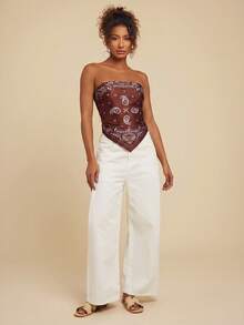 Travachic Women's Woven Paisley Print Tie Back Open Back Bandeau Top - Brown - View 3