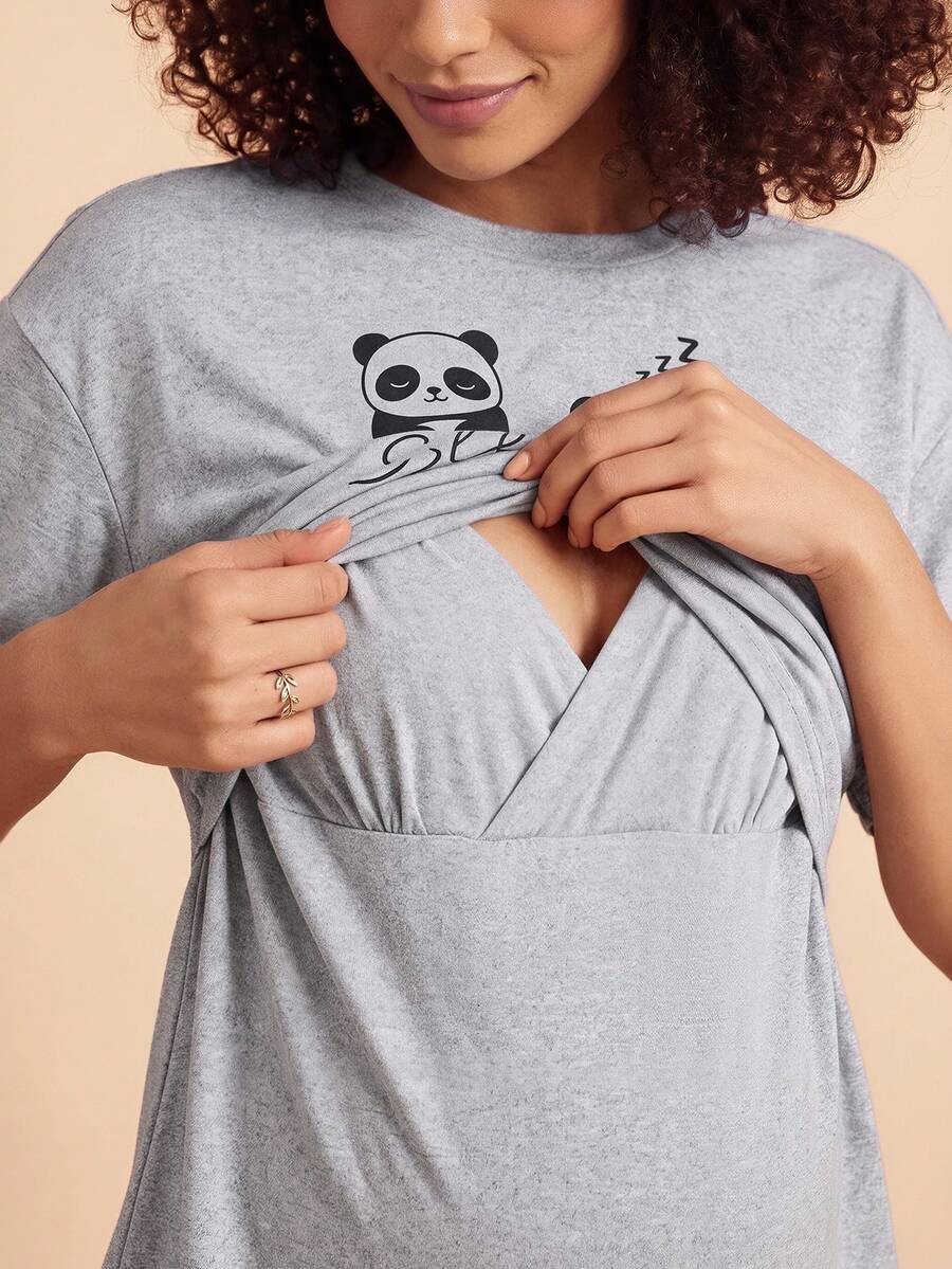SHEIN Cute Panda Print Nursing Short Sleeve Pants Maternity Pajamas Set - Light Grey - View 1