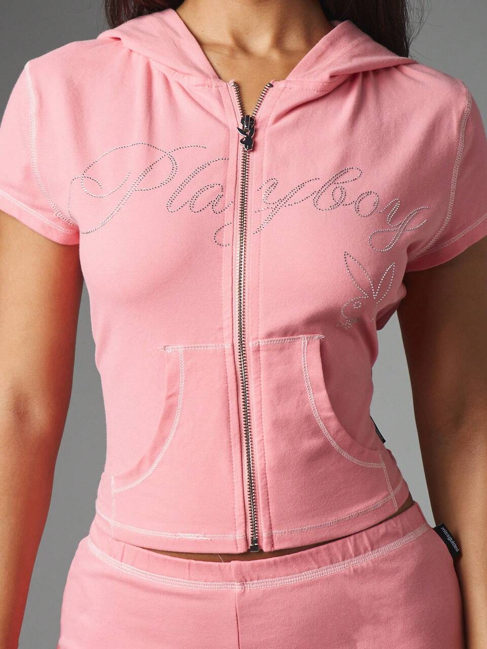 Missguided x Playboy Rhinestone Script Crop Full-Zip Short Sleeve Hoodie And Micro Shorts Co-Ord Set With Contrast Stitching
