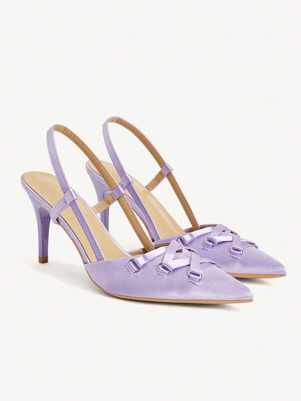 CUCCOO CHICEST French Taro Purple Satin Cross Strap Pointed Slingback Sandals Women's Temperament Thin Heel Low Vamp High Heels
