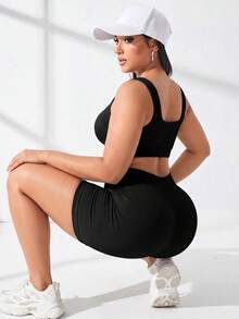 Rhythm Era Plus Size Solid Color Tank Top And Tight Shorts Sports Set - Black - View 5