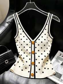 Franclia Plus Size Polka Dot Print Button Decor Vest Brunch Birthday Summer 90s 70's - Multicolor - View 5