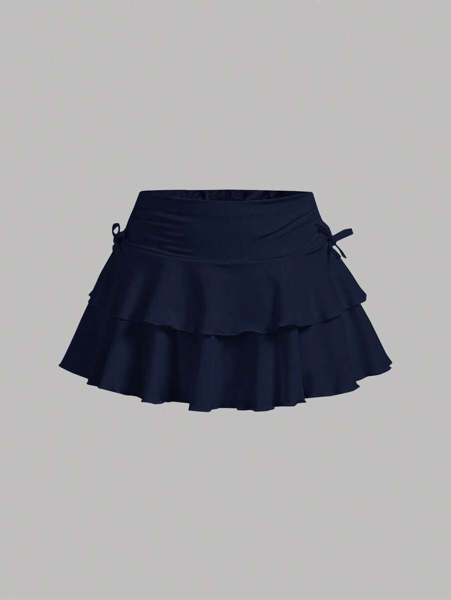 SHEIN Girlism 青少年女孩抽繩抓皺腰部內建安全短褲休閒蛋糕裙 - 藏蓝色 - 查看 1