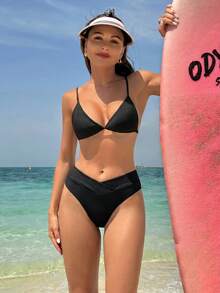 Swim Vcay Women's Summer Beach Solid Color Asymmetrical Waist Bikini Bottom - Black - View 3