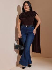 SHEIN BAE CURVE 大尺碼女款棕色抓皺綁帶連身衣，優雅連身衣 - 棕色 - 查看 8