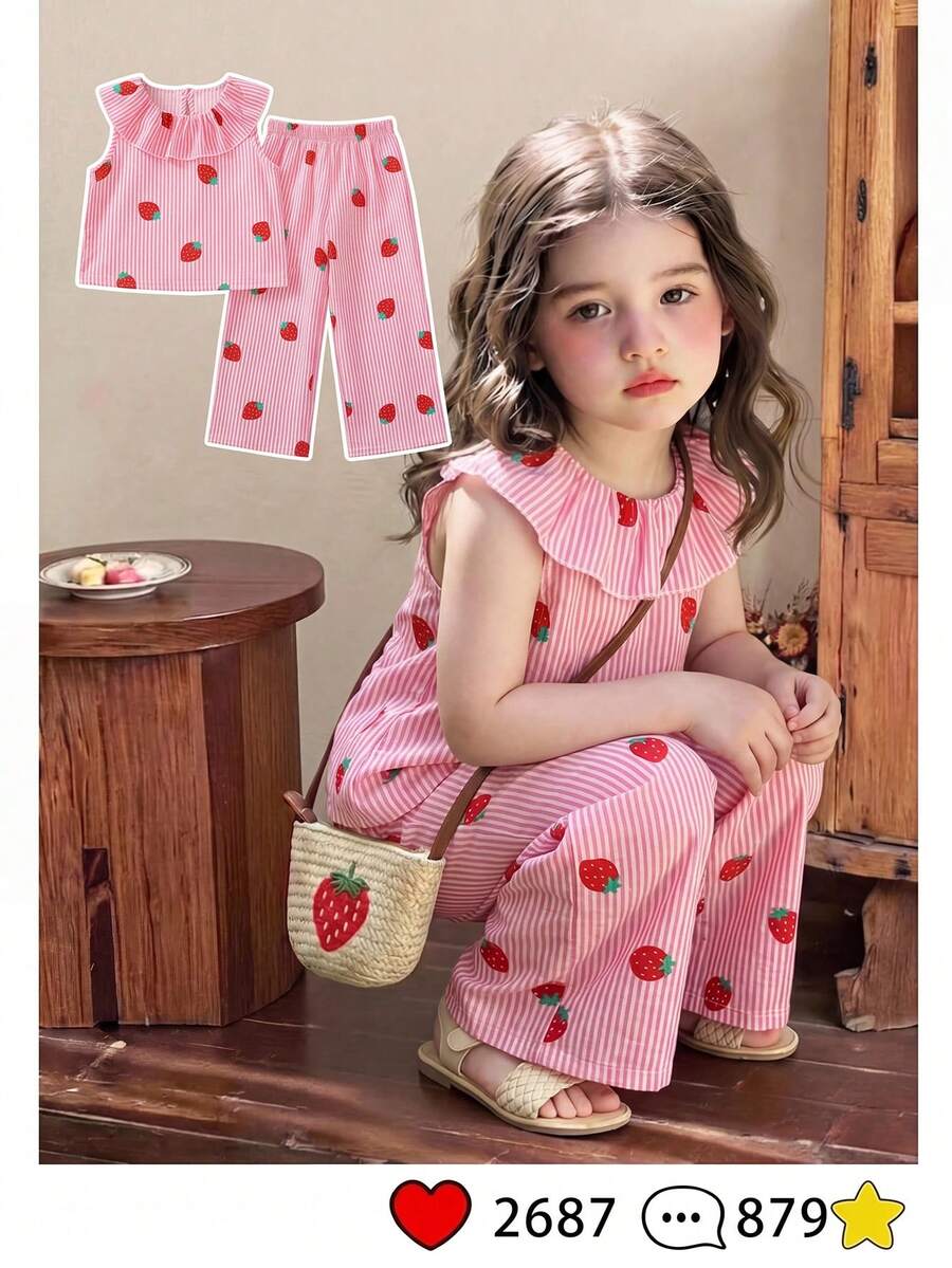 SHEIN 2pcs Young Girl SweetCute Princess Strawberry Print Sleeveless TopPants Set,Light Pink Summer Family Matching Striped 3D Embroidery Ruffle Collar
