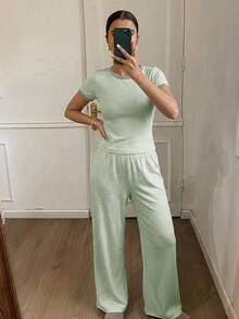 DAZY 女款條紋圓領短袖上衣與口袋長褲居家休閒套裝 - 綠色 - 查看 4