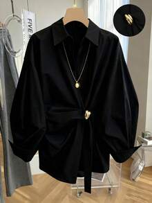 GlowEve CURVE Plus Size Women's V-Neck Pleated Fashion Blouse Fall - Black - View 1