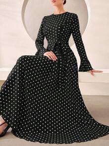 Graceveil Elegant Decent Casual Polka Dot Round Neck Flare Sleeve Cinched Cinched Waist Full Skirt Dress Formal Office Autumn - Black and White - View 4