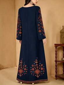 SHEIN Najma 女士花卉植物印花优雅圆领长袖春季阿拉伯风格连衣裙 - 彩色 - 查看 2
