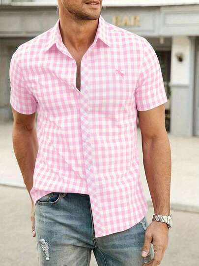 Manfinity Homme Red Short Sleeve Plaid Shirt, Unique Embroidered Logo, Refreshing Checkered Shirt, Casual & Versatile