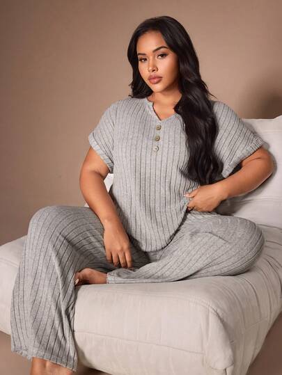 Lazeform Plus Size Women's Light Gray Dropped Shoulder Notch V-Neck Button Faux Drawstring Skin-Friendly Thin Fleece Brushed Knit Ribbed Casual Everyday Wear Set