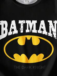 BATMAN X SHEIN 小男孩休闲卡通条纹字母印花短袖圆领T恤，舒适夏季 - 白色 - 查看 4