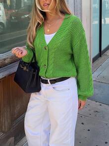 Women's Solid Color V-Neck Single-Breasted Casual Versatile Daily Long Sleeve Cardigan - Green - View 1
