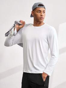 Driftmere Men's Casual Solid Color Round Neck Long Sleeve T-Shirt, For Fall - White - View 5