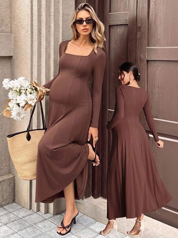 Momance Maternity Solid Color Square Neck Long Sleeve Elegant Dress Photoshoot Business Casual Outfit Daily Commute Old Money Style Work Black Autumn