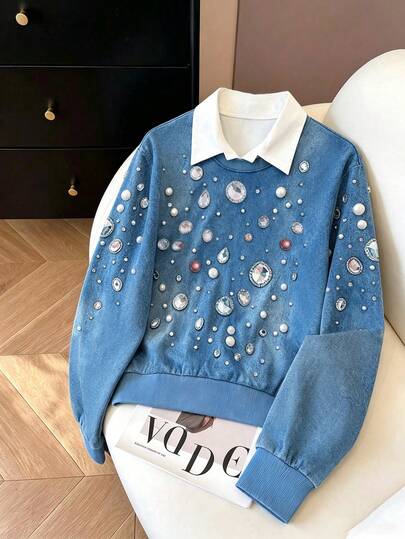 SHEIN LUNE Women's Denim Effect Rhinestone Print 2 In 1 Long Sleeve Sweatshirt